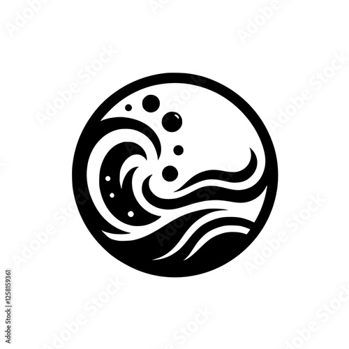 A black and white circular logo featuring stylized waves, with water splashes.