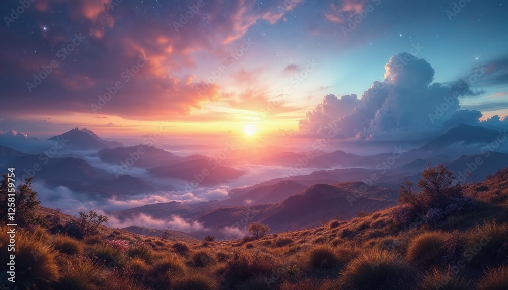 Fototapeta premium Breathtaking Sunrise Over Rolling Mountainous Landscape and Scenic Clouds