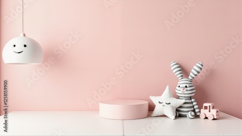 Wallpaper Mural A pink wall with a white lamp and a white star. A pink toy rabbit is sitting on a white table Torontodigital.ca