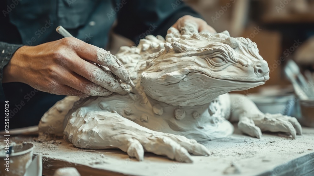 A clay artist is sculpting a figurine of an animal, carefully shaping each part of the body. The animal is coming to life, and the artist uses smooth motions to finalize the piece. A clay artist is sculpting a figurine of an animal, carefully shaping each part of the body. The animal is coming to life, and the artist uses smooth motions to finalize the piece.