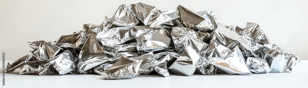 A large pile of crumpled aluminum foil on a white background. A large pile of crumpled aluminum foil on a white background.