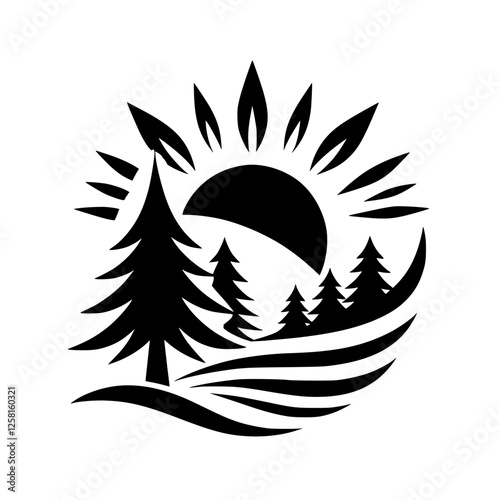 Black-and-white silhouette of a forest landscape with a sunrise over mountains.