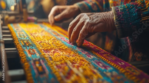 A close-up of a vibrant tapestry weaving in progress, showcasing the intricate technique of interlocking fibers to form a picture. 