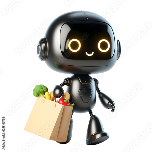 Cute 3D black robot with golden eyes carrying grocery bags and smiling in side view isolated on white background