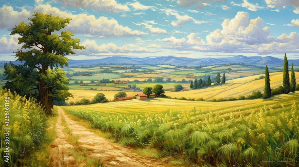 Fototapeta premium Looking at the wide green field in the warm summer