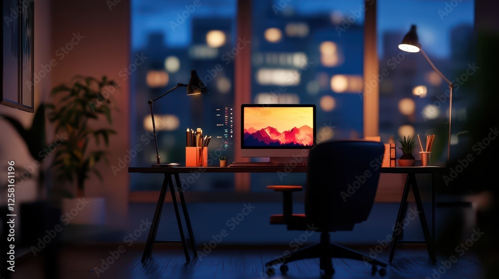 Fototapeta premium Modern office setting with low light ambiance and blurred furniture, showcasing a desktop computer against a vibrant cityscape backdrop