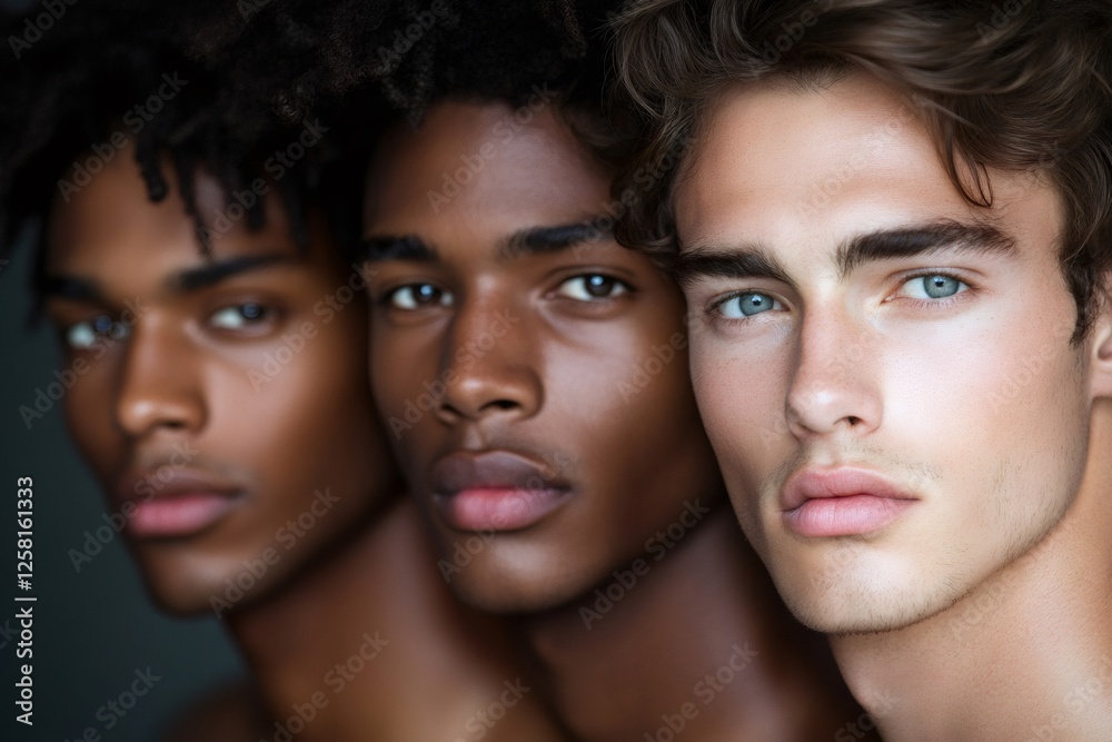 Three male models posing together showing diversity and friendship Three male models posing together showing diversity and friendship