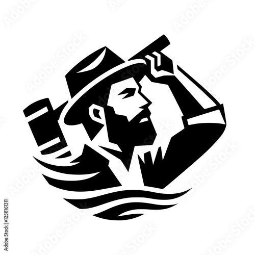 A black-and-white minimalist illustration of a man wearing a hat holding a telescope, looking upwards.