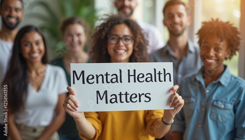 Smiling diverse group holding Mental Health Matters sign, teamwork and support concept