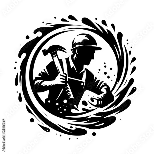 Silhouette of a Hardworking Construction Worker Holding a Hammer, framed by an abstract ink circle.