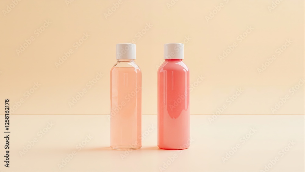Two bottles of pink liquid are on a table. The bottles are identical in size and shape. mockup Two bottles of pink liquid are on a table. The bottles are identical in size and shape. mockup