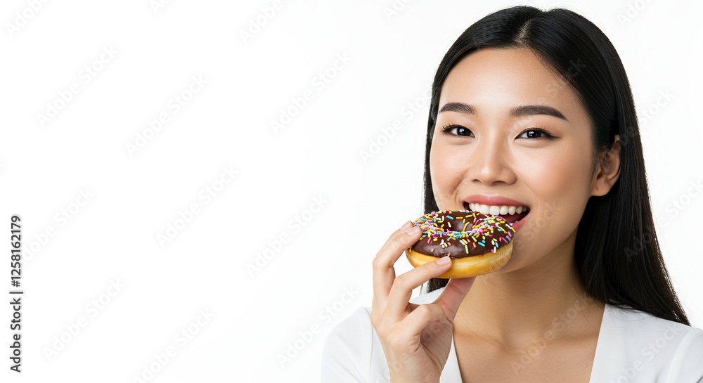 Smiling Asian Woman Eating Donut with Sprinkles on White Background Smiling Asian Woman Eating Donut with Sprinkles on White Background