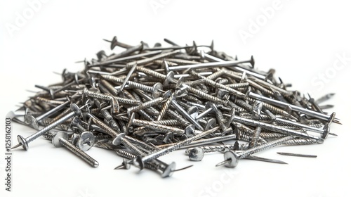 A pile of metal nails on a white isolated background.
