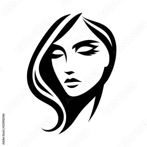 A minimalist black and white portrait of a woman with closed eyes, serene expression, and flowing hair.
