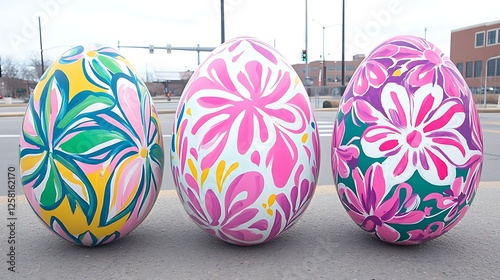 Ornamental Easter Eggs Displayed Outdoors Artistic Floral Patterned Design Painted Decorative Art photo