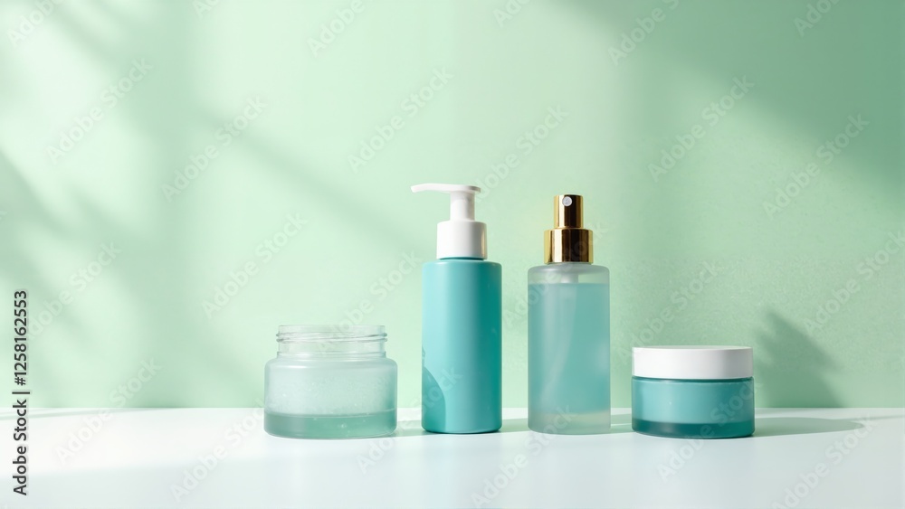 A collection of beauty products including a bottle of lotion, a bottle of perfume, and a bottle of facial cleanser, mockup A collection of beauty products including a bottle of lotion, a bottle of perfume, and a bottle of facial cleanser, mockup