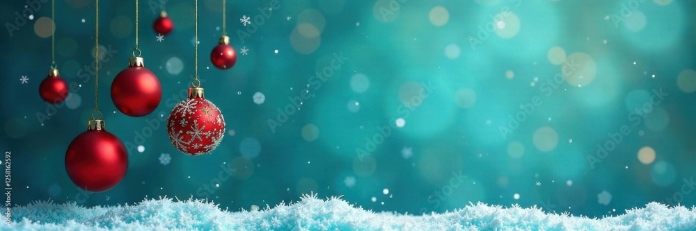 Blue background with suspended red and green balls and snowflakes , winter, ornament, ball Blue background with suspended red and green balls and snowflakes , winter, ornament, ball