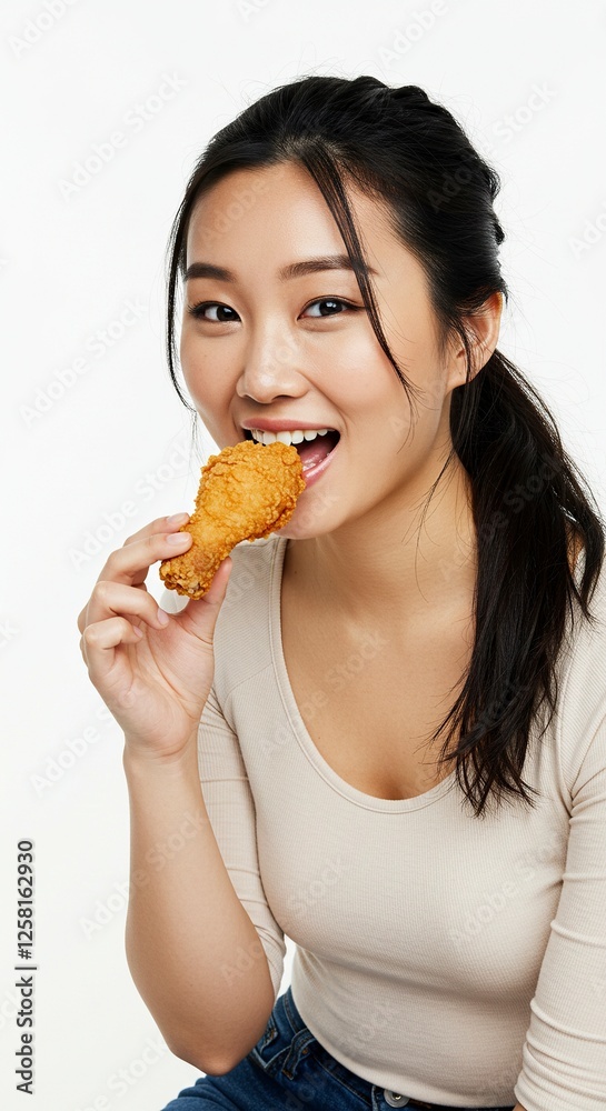 Young Woman Eating Fried Chicken Leg with Happy Expression on Face Young Woman Eating Fried Chicken Leg with Happy Expression on Face