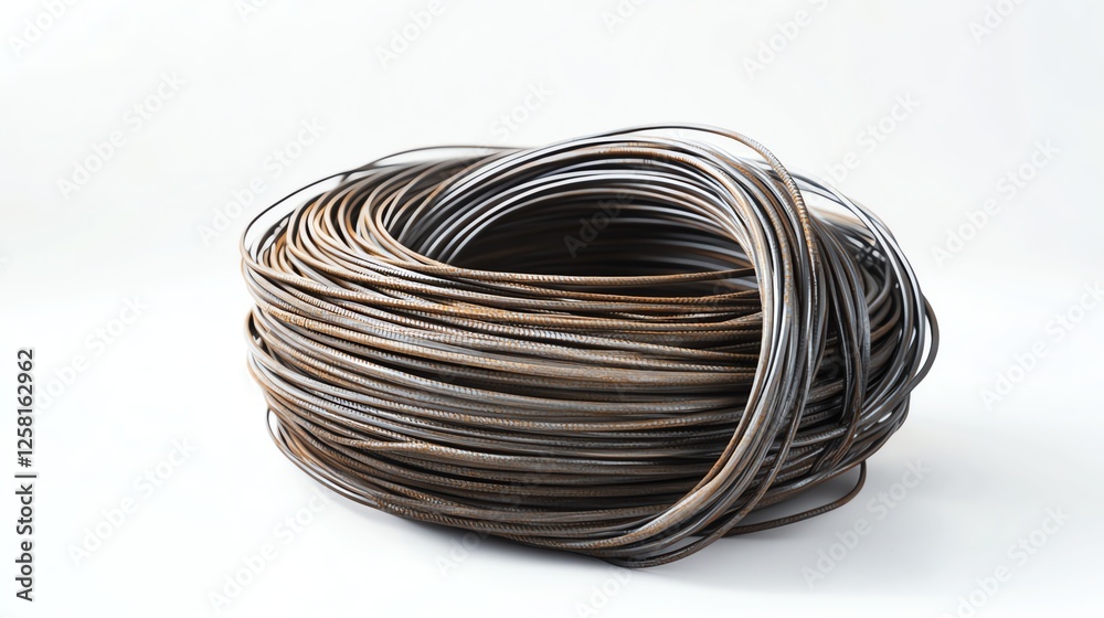 Coiled metal wire on a white isolate background, showcasing industrial materials. Coiled metal wire on a white isolate background, showcasing industrial materials.