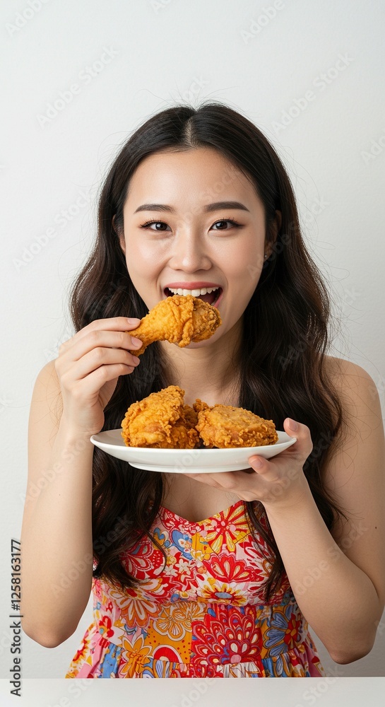 Young Woman Enjoys Eating Crispy Fried Chicken Leg with Enthusiasm Young Woman Enjoys Eating Crispy Fried Chicken Leg with Enthusiasm