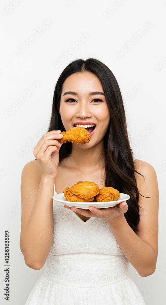 Woman Eating Fried Chicken Drumstick with Delight on White Background Woman Eating Fried Chicken Drumstick with Delight on White Background