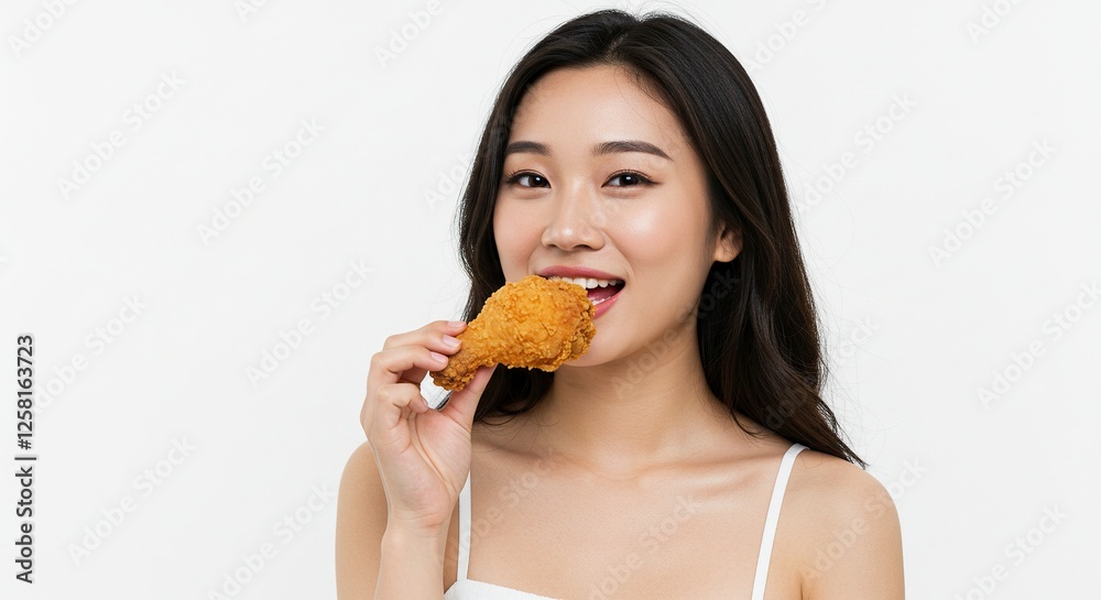Woman Eating Crispy Fried Chicken Drumstick on White Background Woman Eating Crispy Fried Chicken Drumstick on White Background