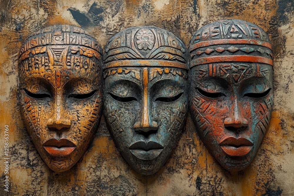 Intricate handcrafted masks displayed on a textured wall reflecting diverse cultural artistry and craftsmanship