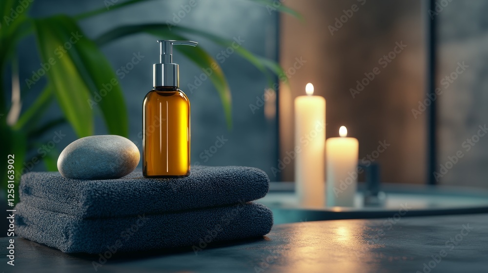 Tranquil Spa Essentials - Amber liquid soap dispenser and smooth grey stone on dark grey towels, with softly lit candles in the background. Relaxing spa setting Tranquil Spa Essentials - Amber liquid soap dispenser and smooth grey stone on dark grey towels, with softly lit candles in the background. Relaxing spa setting