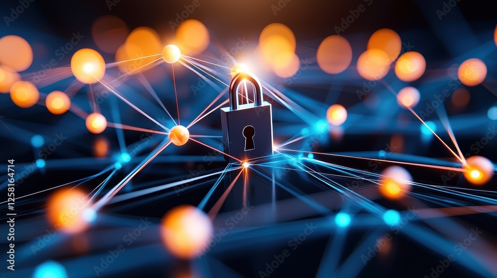 Secure Digital Lock Surrounded by Bright Network Connections Secure Digital Lock Surrounded by Bright Network Connections