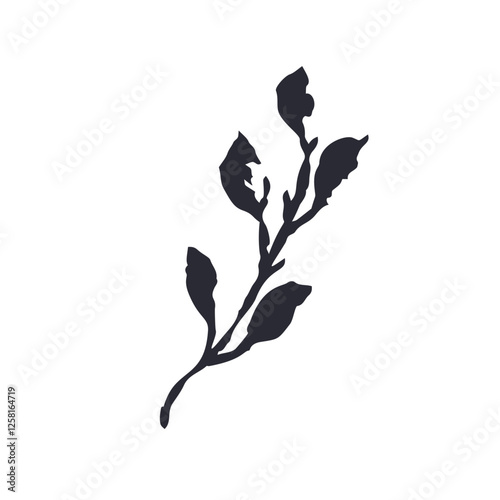Black and white minimal rustic inky leaf silhouette. Monochrome sketchy textured loose floral twig doodle. Hand drawn bold color botanical element