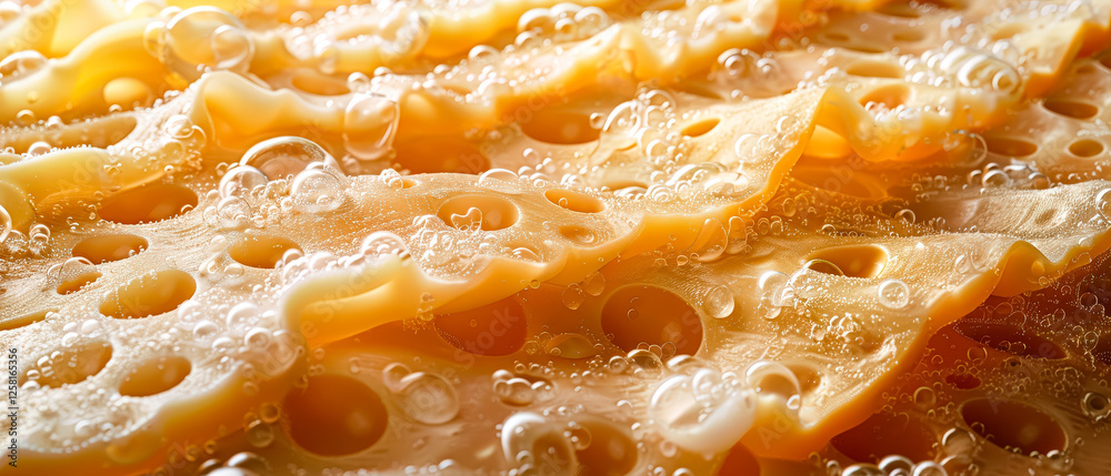 Close up of a piece of cheese with bubbles on it. The bubbles are small and scattered throughout the cheese, giving it a unique and interesting appearance. The cheese is also slightly melted Close up of a piece of cheese with bubbles on it. The bubbles are small and scattered throughout the cheese, giving it a unique and interesting appearance. The cheese is also slightly melted
