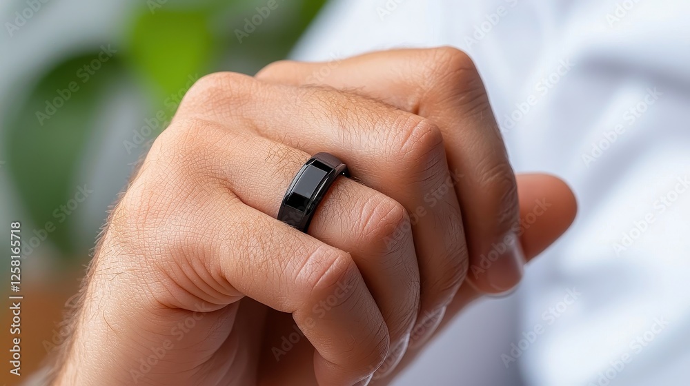 Elegant Black Ring on Male Hand Close-Up with Green Background Elegant Black Ring on Male Hand Close-Up with Green Background