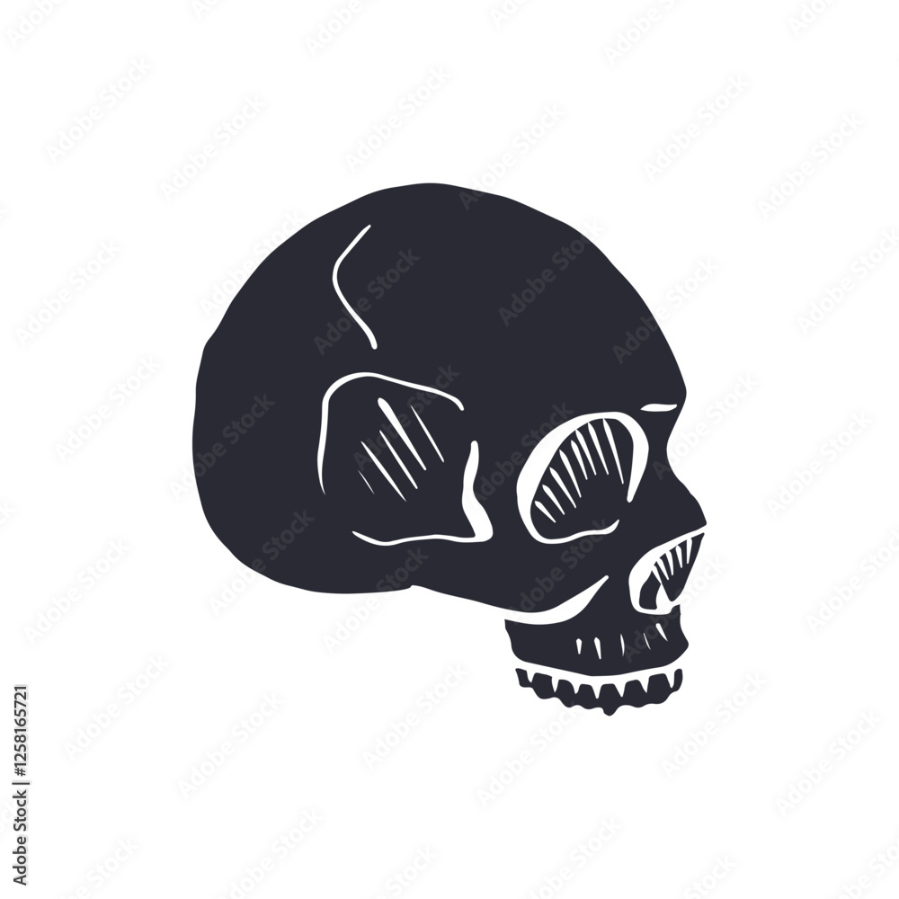 Hand drawn black silhouette of human skull isolated on white background. Monochrome skeleton head desig Hand drawn black silhouette of human skull isolated on white background. Monochrome skeleton head desig
