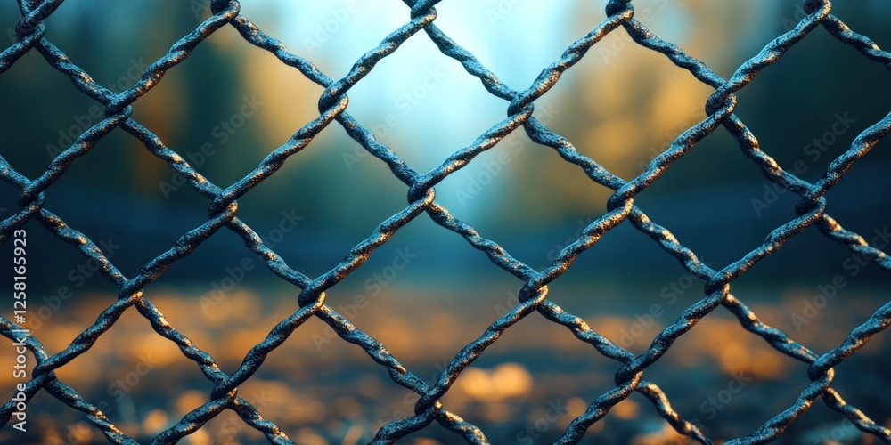 Fototapeta premium Chain-Link Fence at Sunset: A Close-Up View