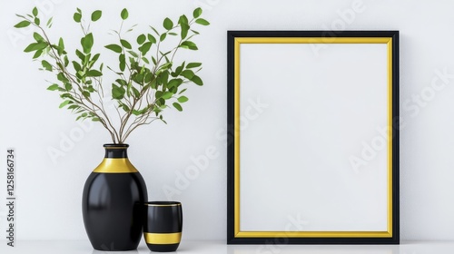 Sleek Black and Gold Frame Mockup with Vase - Modern minimalist home decor, featuring a sleek black and gold frame, elegant black vase with greenery, and a gold-rimmed cup. Symbolizing sophistication photo