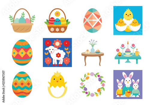 Set of Easter design elements. Easter Sunday Eggs, chicken, butterfly, rabbit, tulips bundle