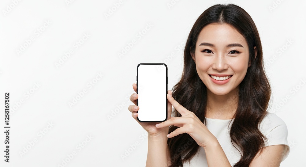 Smiling Woman Presenting Phone with Blank Screen for App Advertisement Smiling Woman Presenting Phone with Blank Screen for App Advertisement