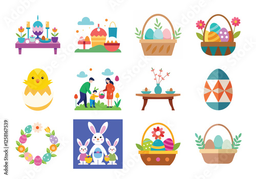 Set of Easter design elements. Easter Sunday Eggs, chicken, butterfly, rabbit, tulips bundle
