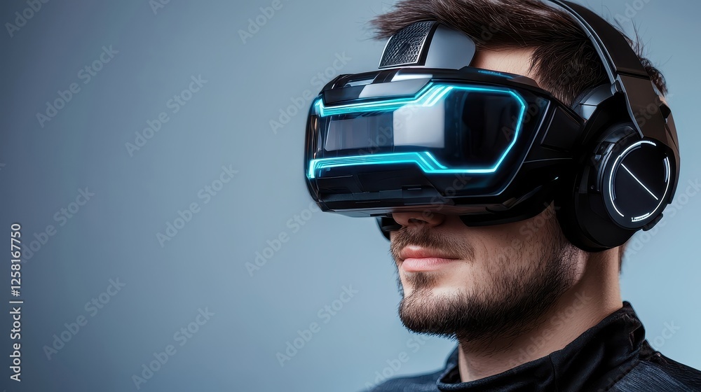 Man Wearing Virtual Reality Headset with Futuristic Design Man Wearing Virtual Reality Headset with Futuristic Design