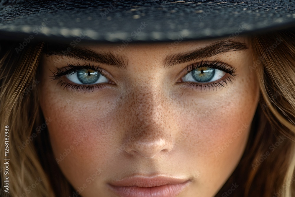 Close up portrait of young woman with freckles wearing hat and looking intensely Close up portrait of young woman with freckles wearing hat and looking intensely