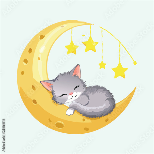 Fluffy kitten surrounded by fireflies while sleeping on the moon