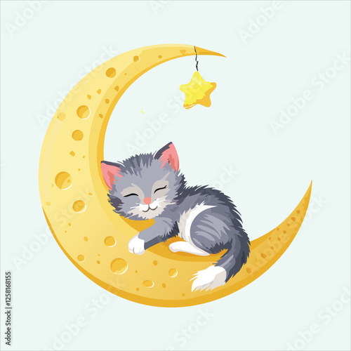 Fluffy kitten surrounded by fireflies while sleeping on the moon