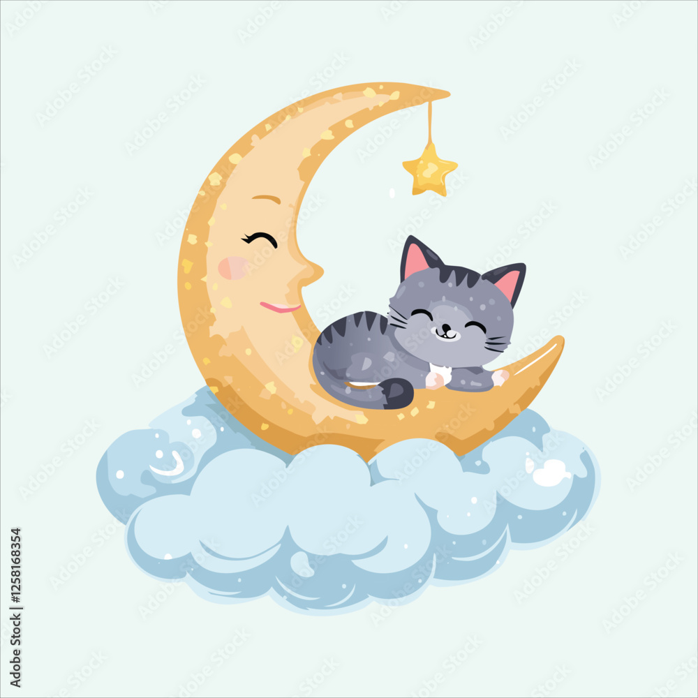 Obraz premium cat dreaming on a floating cloud next to the moon
