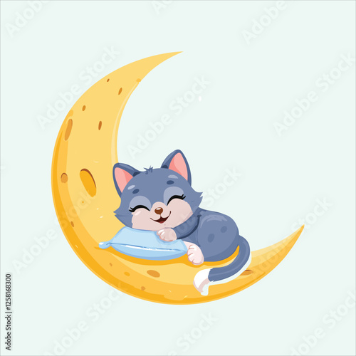 Cartoon kitten snuggled up with a tiny pillow on the moon