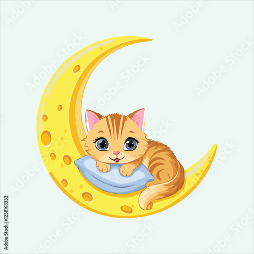 Cartoon kitten snuggled up with a tiny pillow on the moon