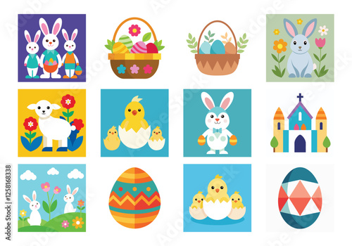Set of Easter design elements. Easter Sunday Eggs, chicken, butterfly, rabbit, tulips bundle