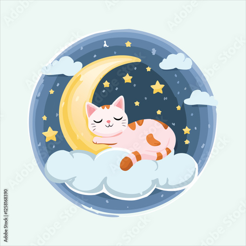 cat dreaming on a floating cloud next to the moon