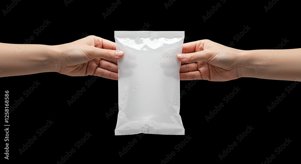 Hands Passing Blank White Packaging Mockup on Black Background Hands Passing Blank White Packaging Mockup on Black Background
