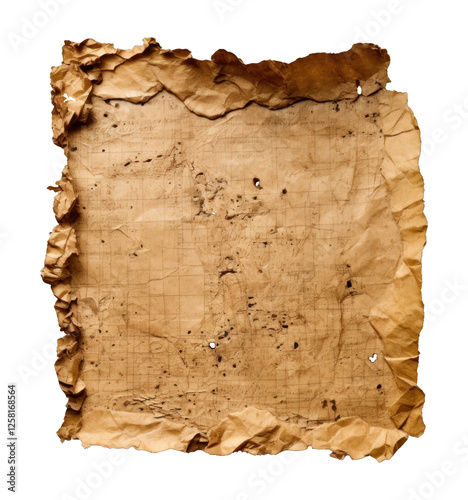 Old parchment paper with rough, torn edges, showcasing a vintage and worn appearance isolated on transparent backgroun
