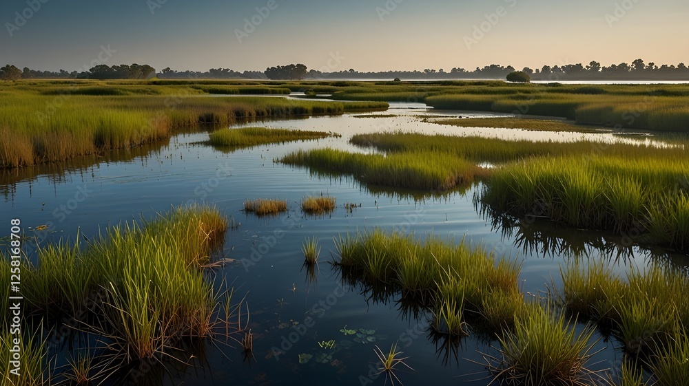 Marshlands filled with clear water and diverse vegetation Marshlands filled with clear water and diverse vegetation